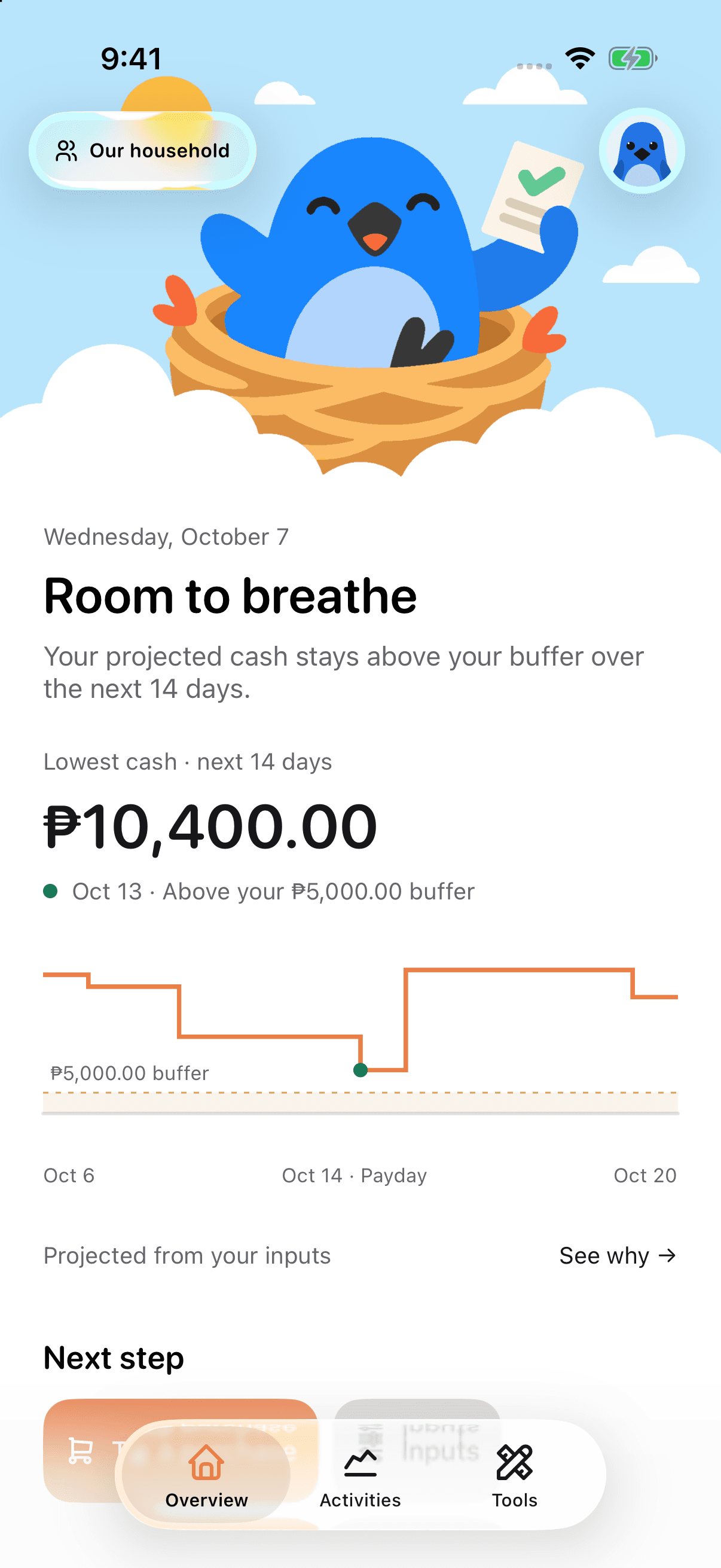 Perri’s native iOS Overview screen showing a cash forecast with fictional household data.