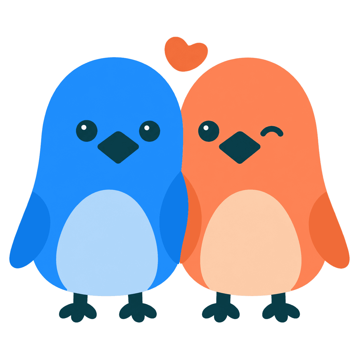 Blue and coral Perri birds standing side by side